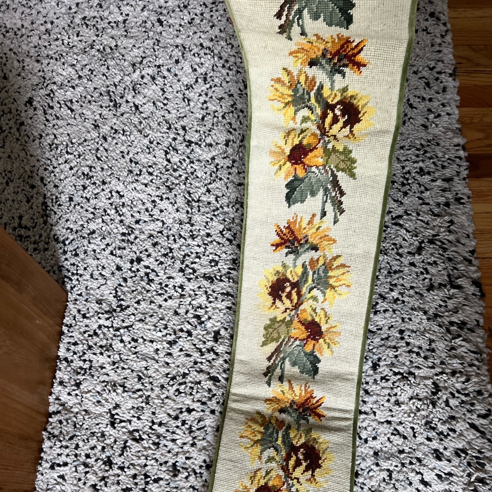 Long Needlepoint Wall Tapestry featuring sunflowers and green velvet backing